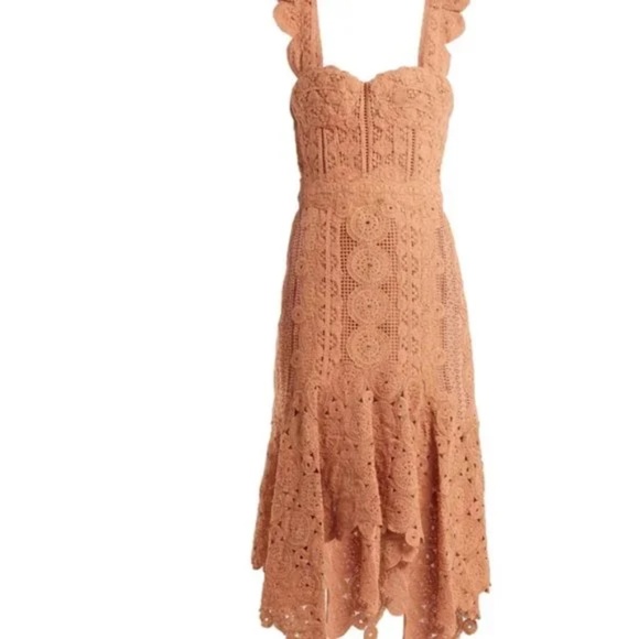 JONATHAN SIMKHAI Cotton-Macramé Lace Handkerchief-Hem Coral-Peach Dress 4 - Picture 2 of 11